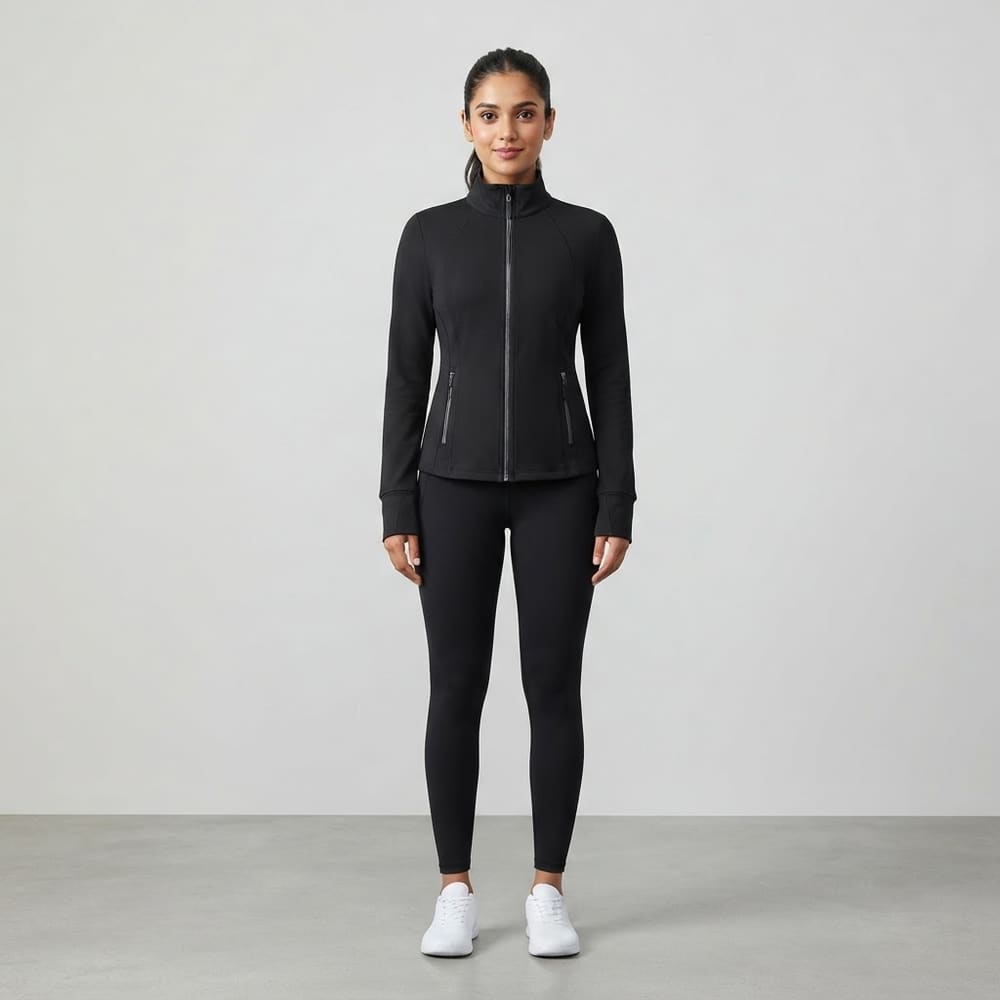 Indian woman wearing META NEST ACTIVEWEAR FlexKnit Zip Jacket in Noir Black