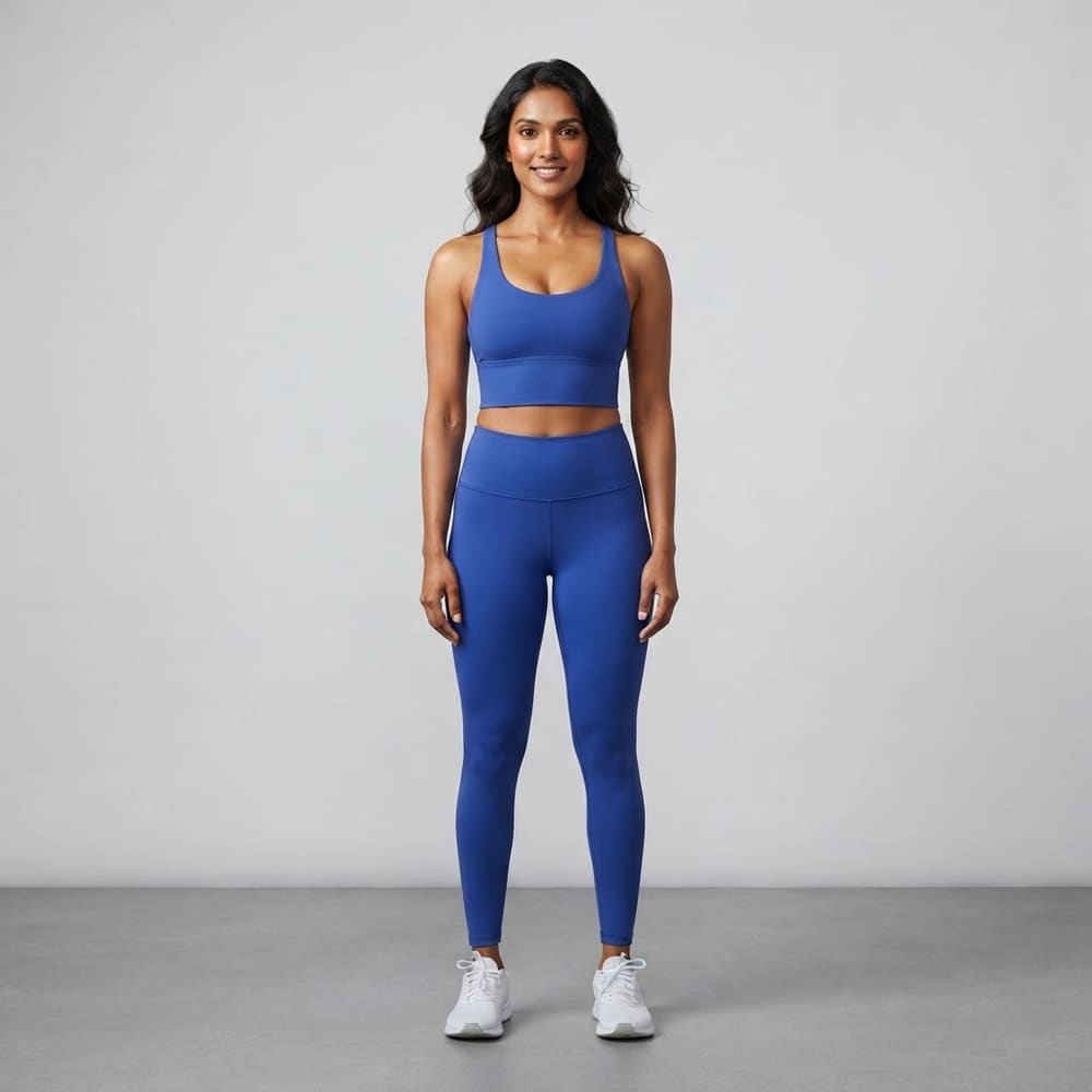 Indian woman wearing META NEST ACTIVEWEAR Flux Strappy Longline Bra in Cobalt Blue
