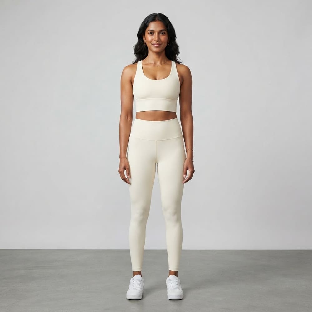 Indian woman wearing META NEST ACTIVEWEAR Flux Strappy Longline Bra in Ivory Cream