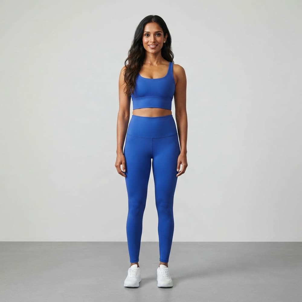 Indian woman wearing META NEST ACTIVEWEAR Flux Wide-Waist Leggings in Cobalt Blue