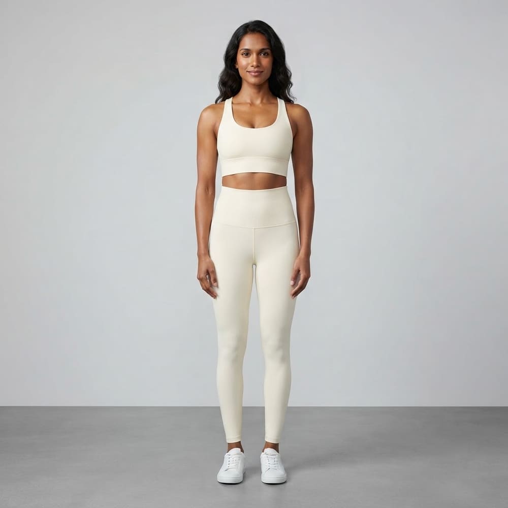 Indian woman wearing META NEST ACTIVEWEAR Flux Wide-Waist Leggings in Ivory Cream