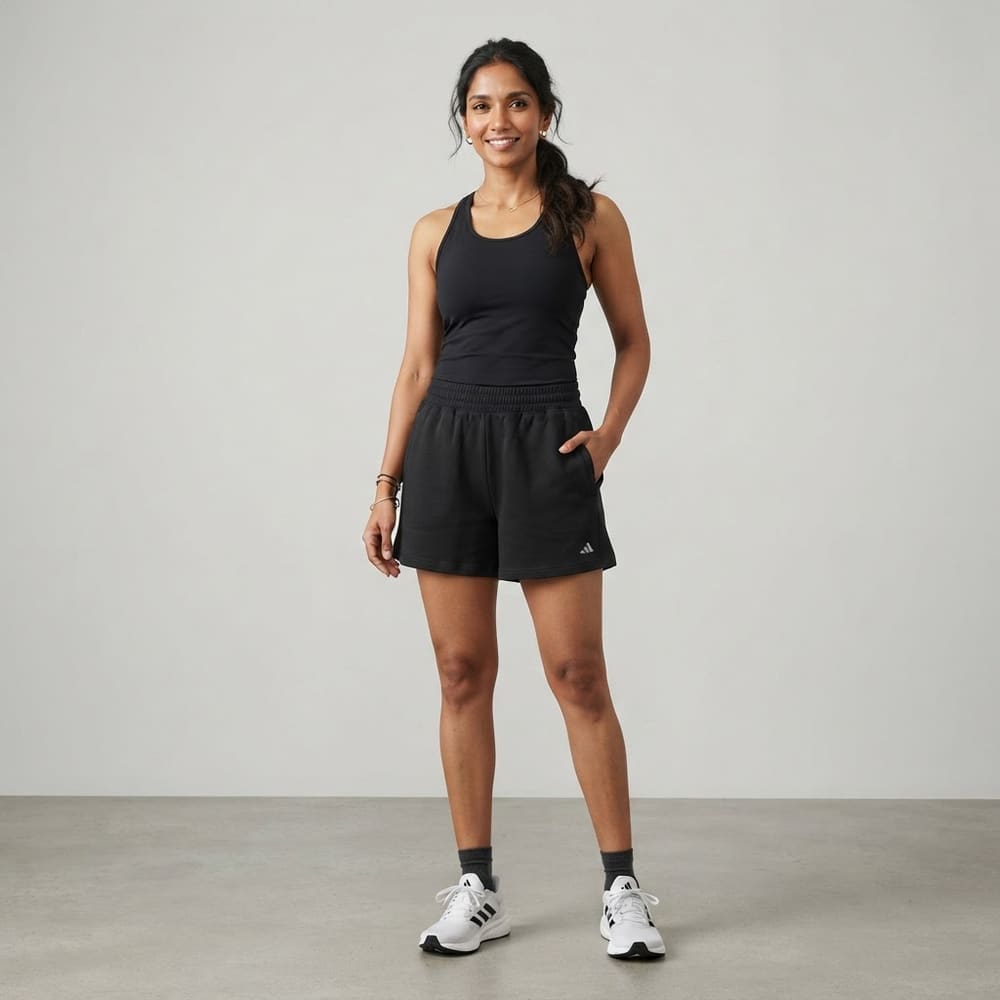 Indian woman wearing META NEST ACTIVEWEAR Groove Cotton-Feel Training Shorts in Noir Black