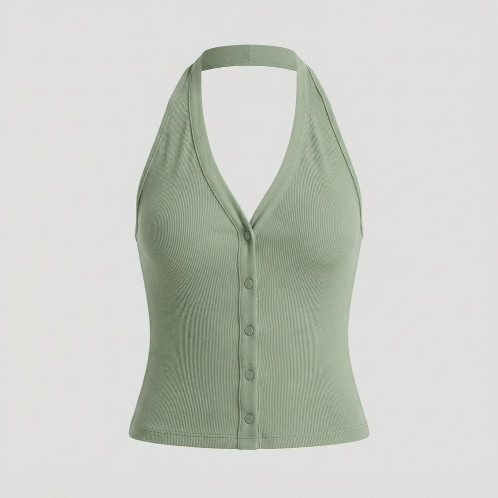 Indian woman wearing META NEST ACTIVEWEAR Halter Button Top in Sage Leaf