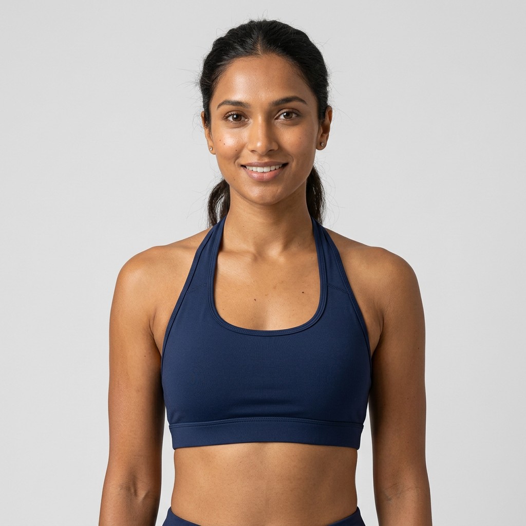 Indian woman wearing META NEST ACTIVEWEAR Halter Tie-Back Bra in Halter Navy