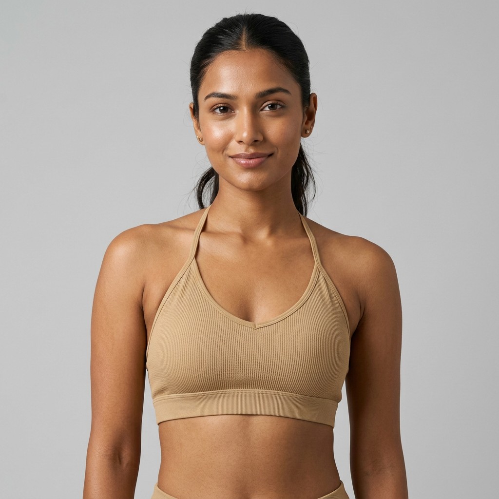 Indian woman wearing META NEST ACTIVEWEAR Halter Tie-Back Bra in Halter Sand