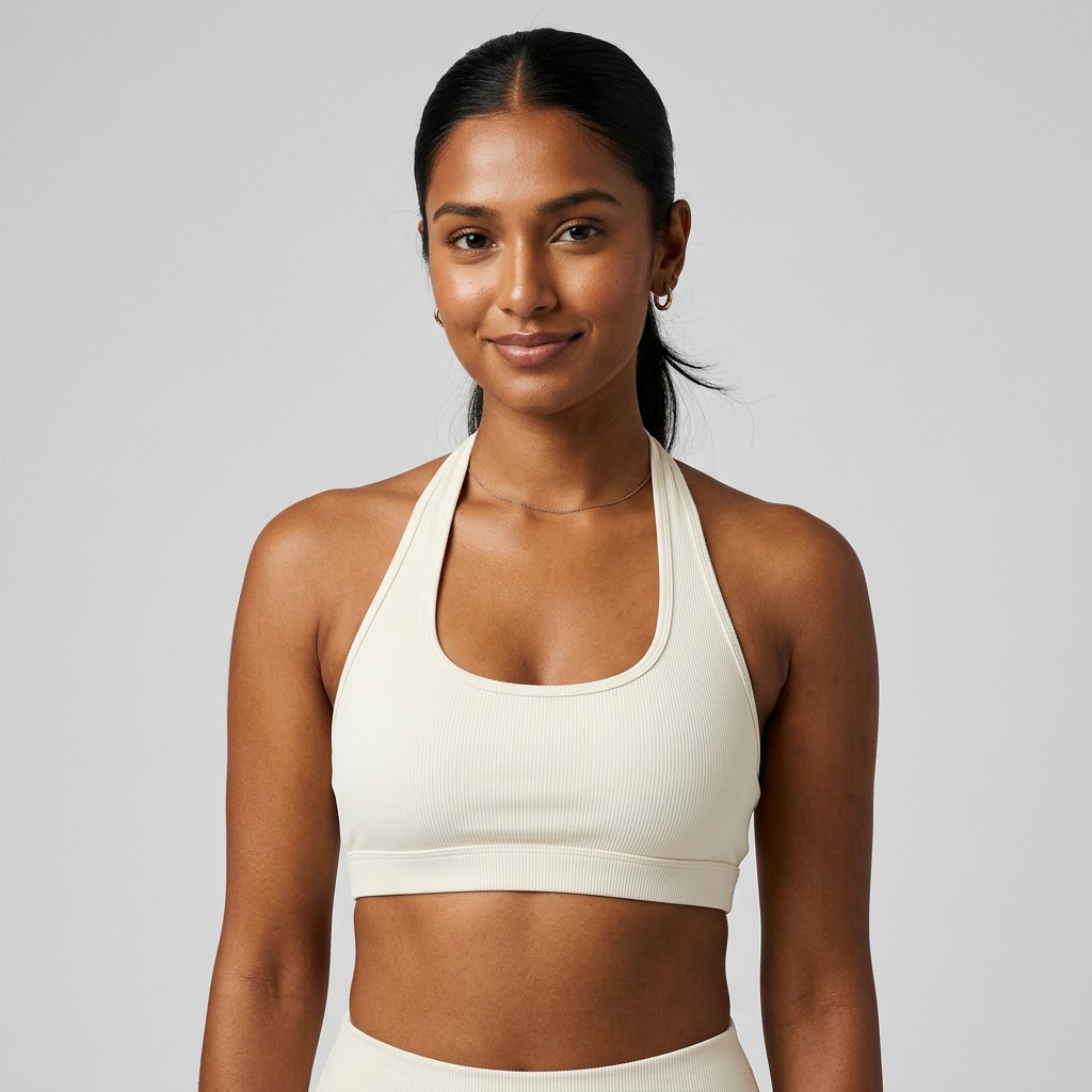 Indian woman wearing META NEST ACTIVEWEAR Halter Tie-Back Bra in Halter White