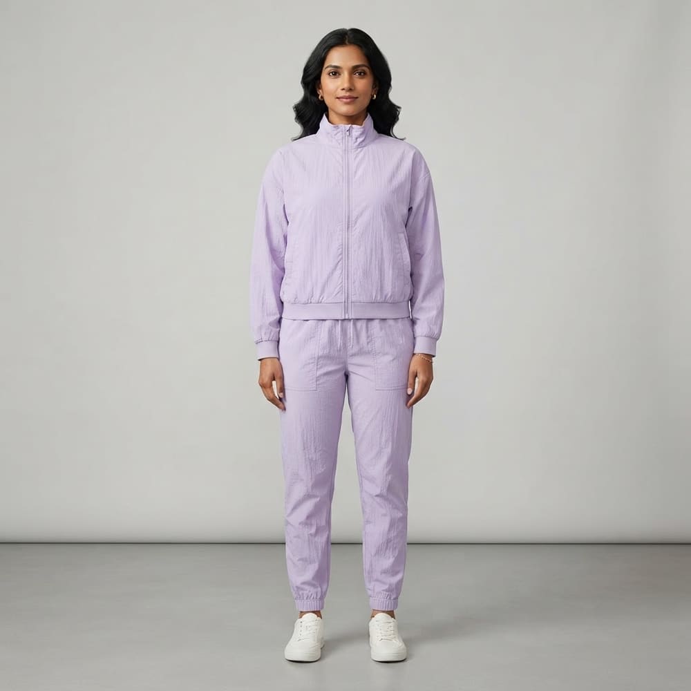 Indian woman wearing META NEST ACTIVEWEAR Heritage Track Jacket in Dusty Lilac