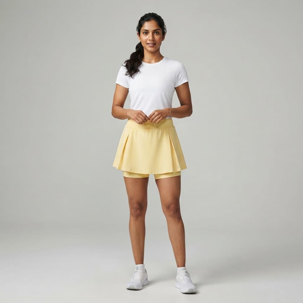 Indian woman wearing META NEST ACTIVEWEAR Hidden-Pocket A-Line Skort in Butter Yellow