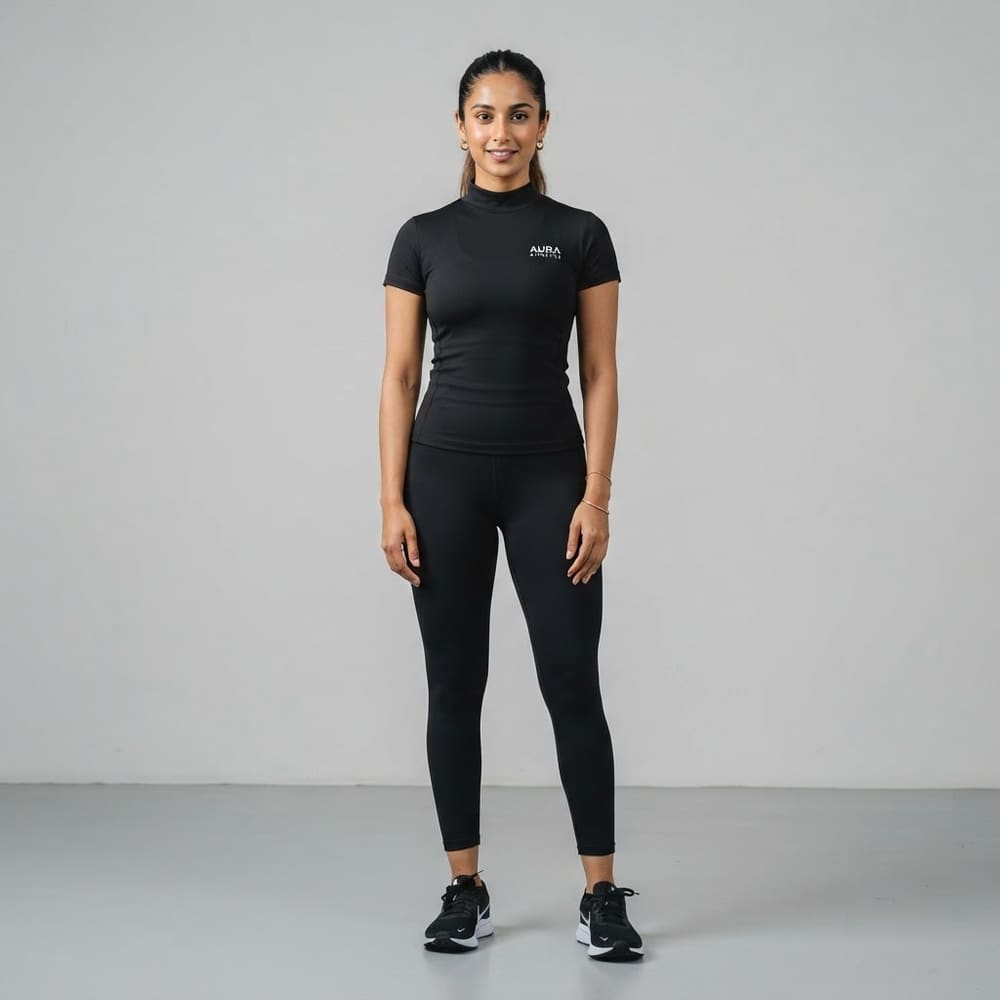 Indian woman wearing META NEST ACTIVEWEAR High-Neck Training Top in Noir Black
