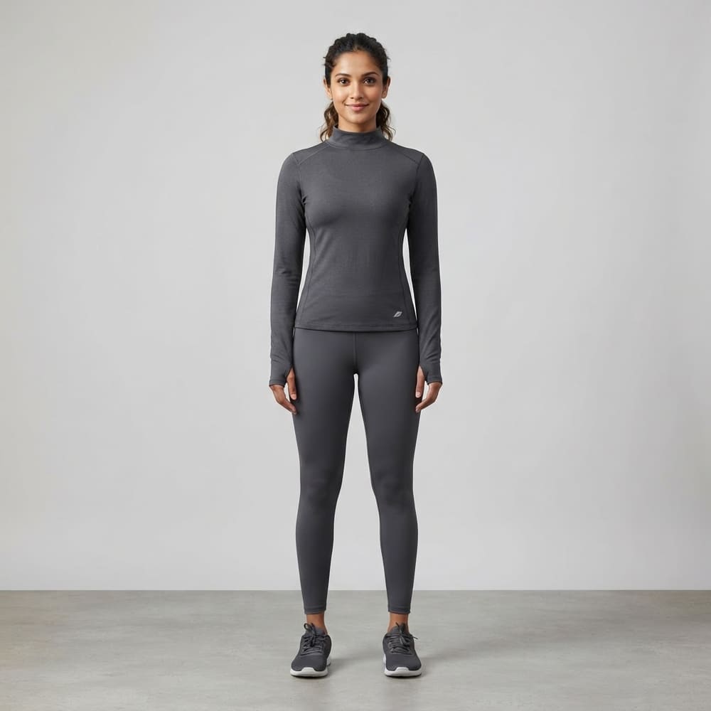 Indian woman wearing META NEST ACTIVEWEAR High-Neck Training Top in Storm Charcoal