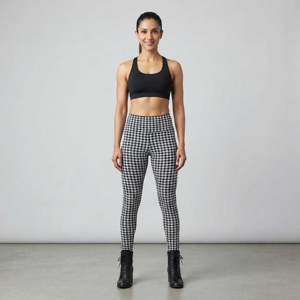 Indian woman wearing META NEST ACTIVEWEAR Houndstooth Check Leggings in Houndstooth Black