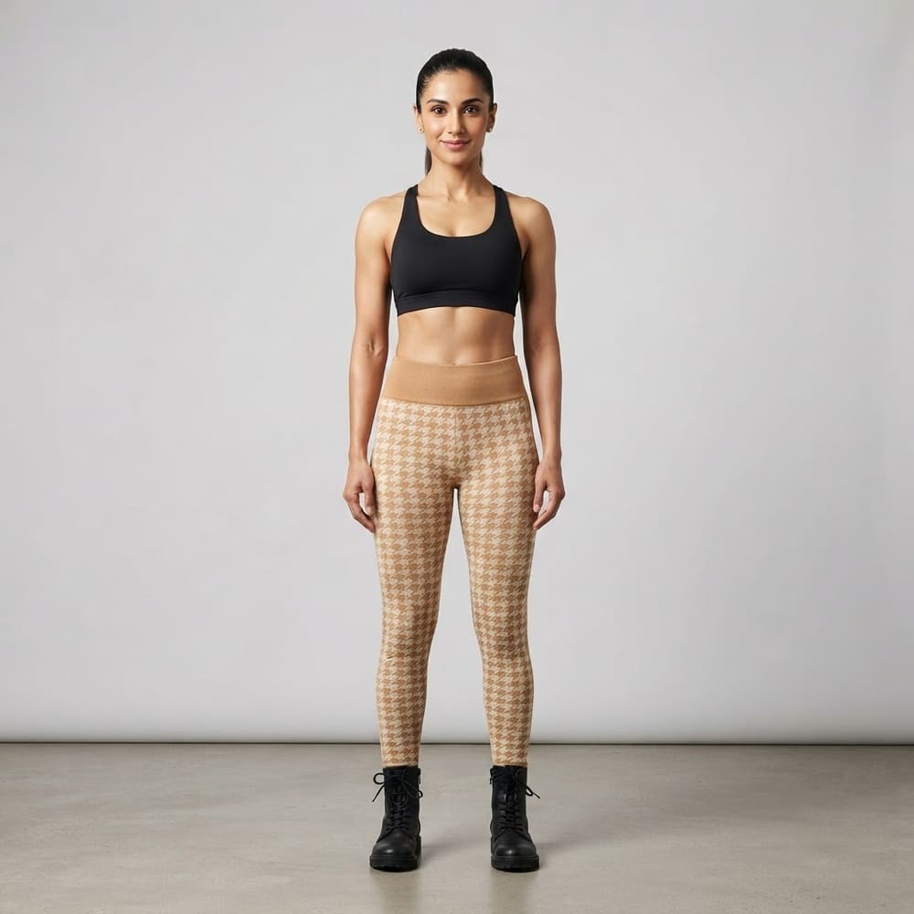 Indian woman wearing META NEST ACTIVEWEAR Houndstooth Check Leggings in Houndstooth Camel