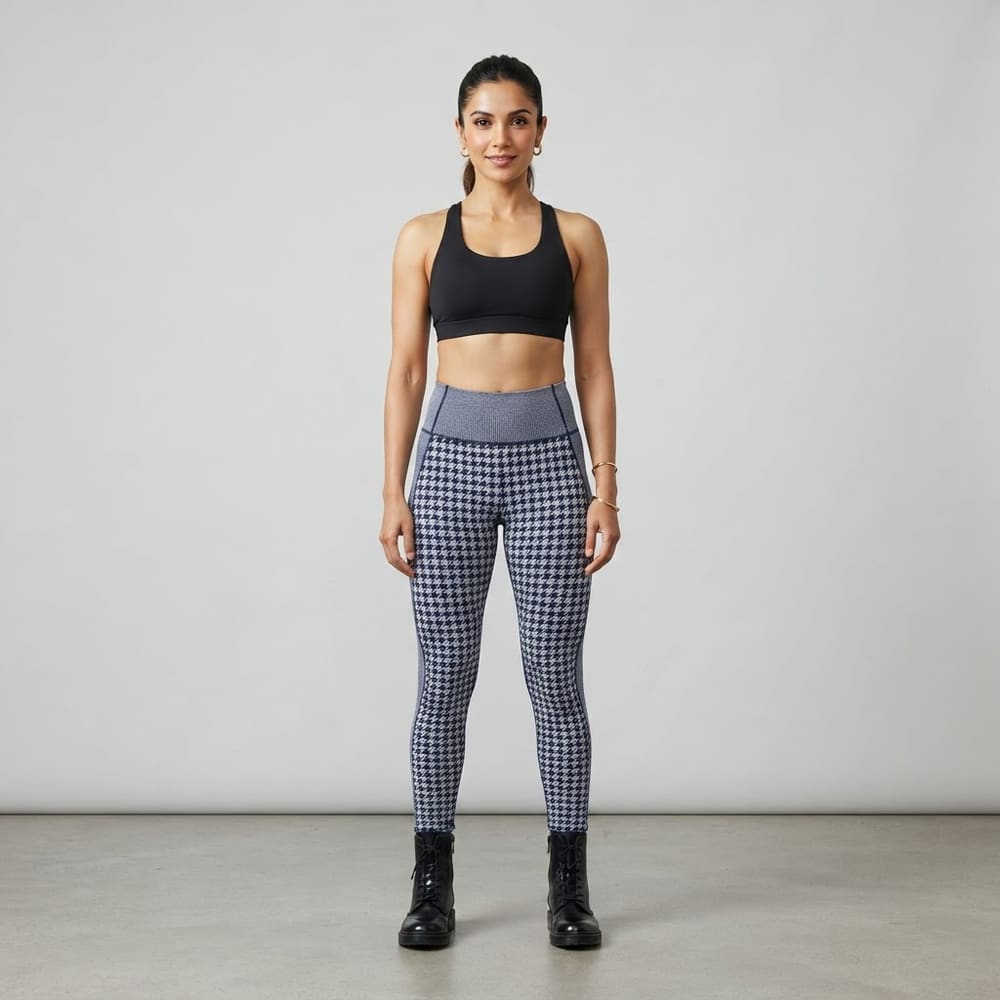 Indian woman wearing META NEST ACTIVEWEAR Houndstooth Check Leggings in Houndstooth Navy