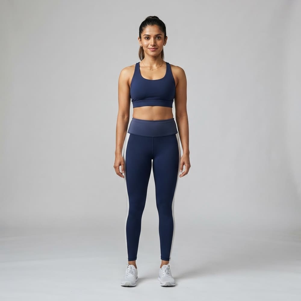 Indian woman wearing META NEST ACTIVEWEAR Jelly-Waist Side-Stripe Leggings in Deep Navy