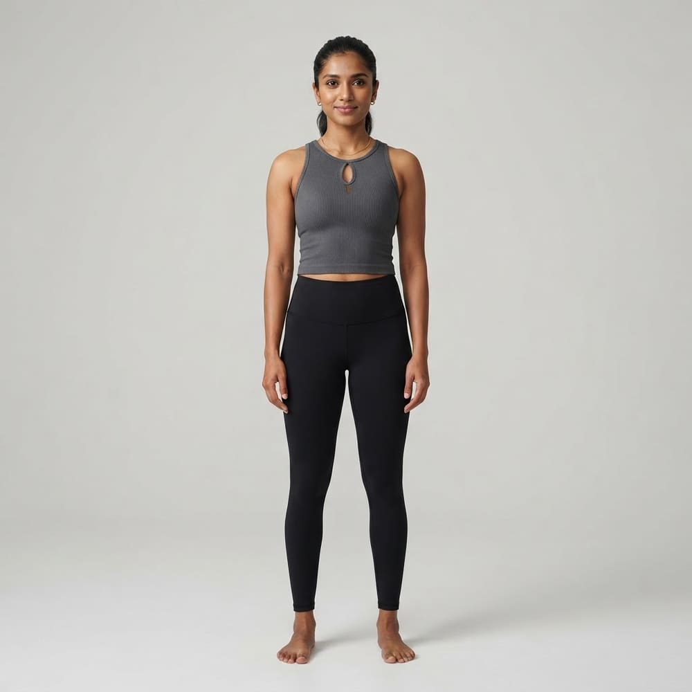 Indian woman wearing META NEST ACTIVEWEAR Keyhole Crop Tank in Graphite Grey