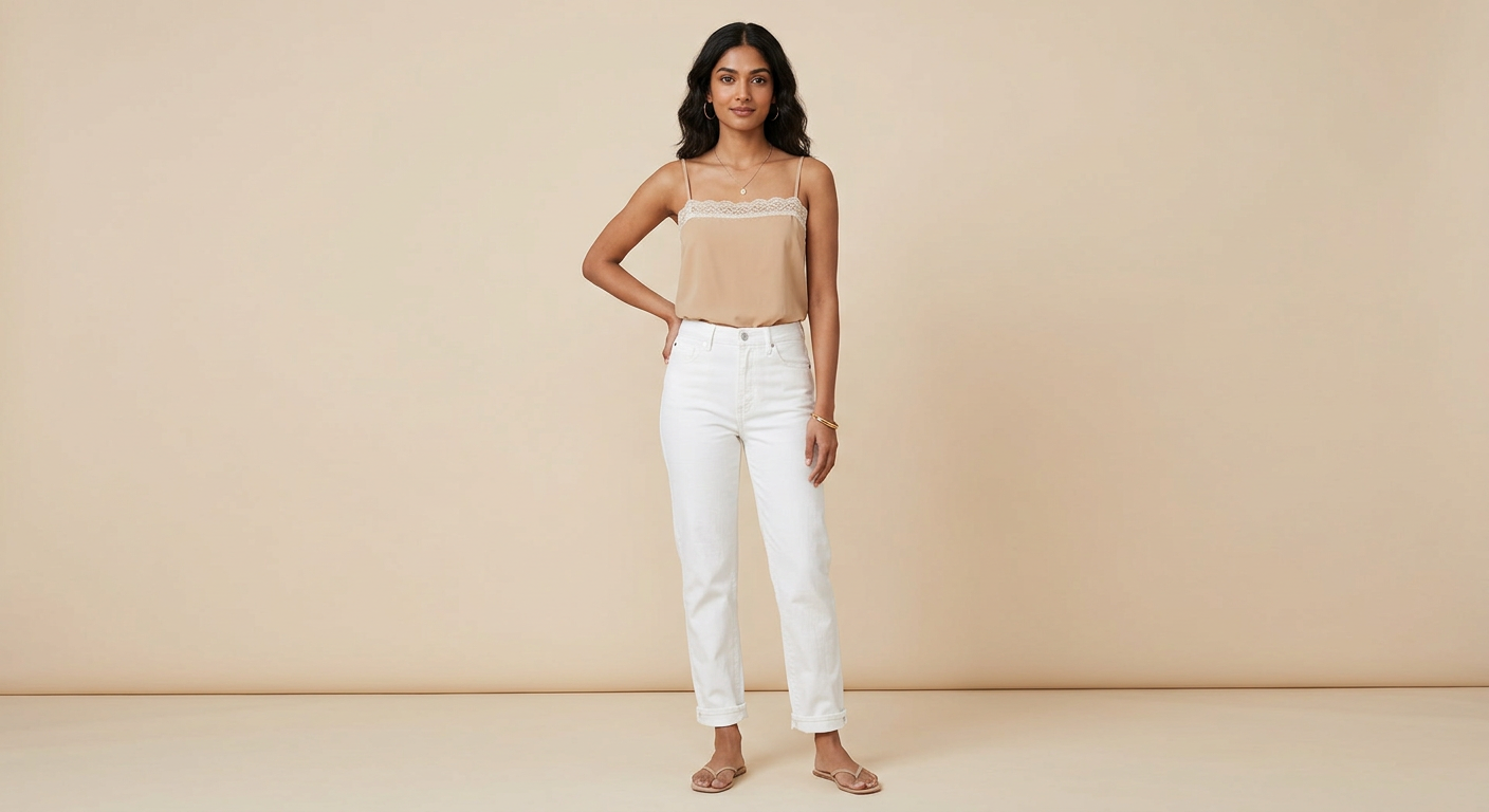 Indian woman wearing META NEST ACTIVEWEAR Lace-Trim Cami Top in Desert Sand