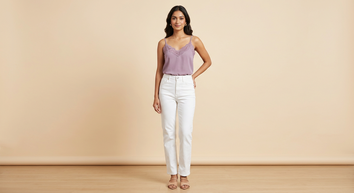 Indian woman wearing META NEST ACTIVEWEAR Lace-Trim Cami Top in Dusty Lilac