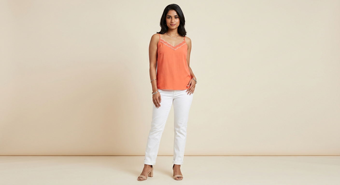Indian woman wearing META NEST ACTIVEWEAR Lace-Trim Cami Top in Sunset Coral