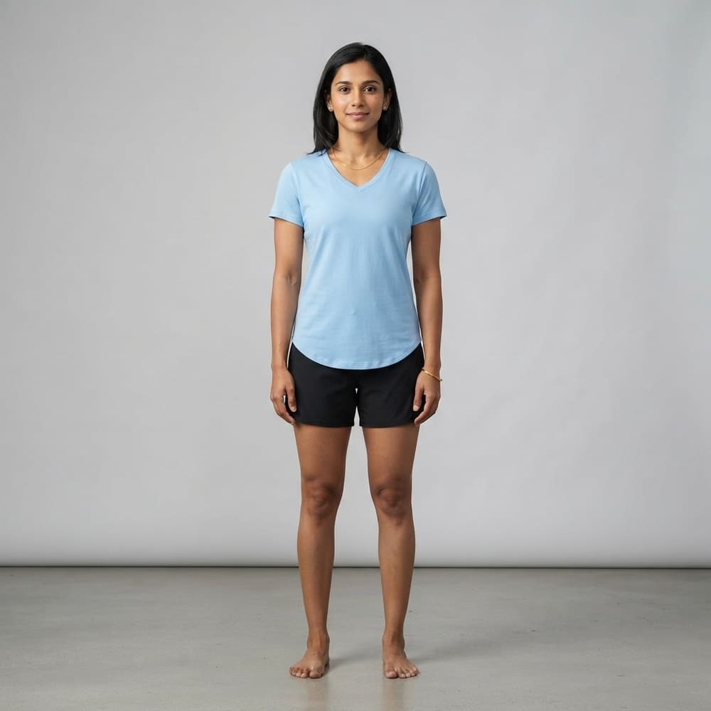 Indian woman wearing META NEST ACTIVEWEAR Lyocell V-Neck Tee in Sky Blue