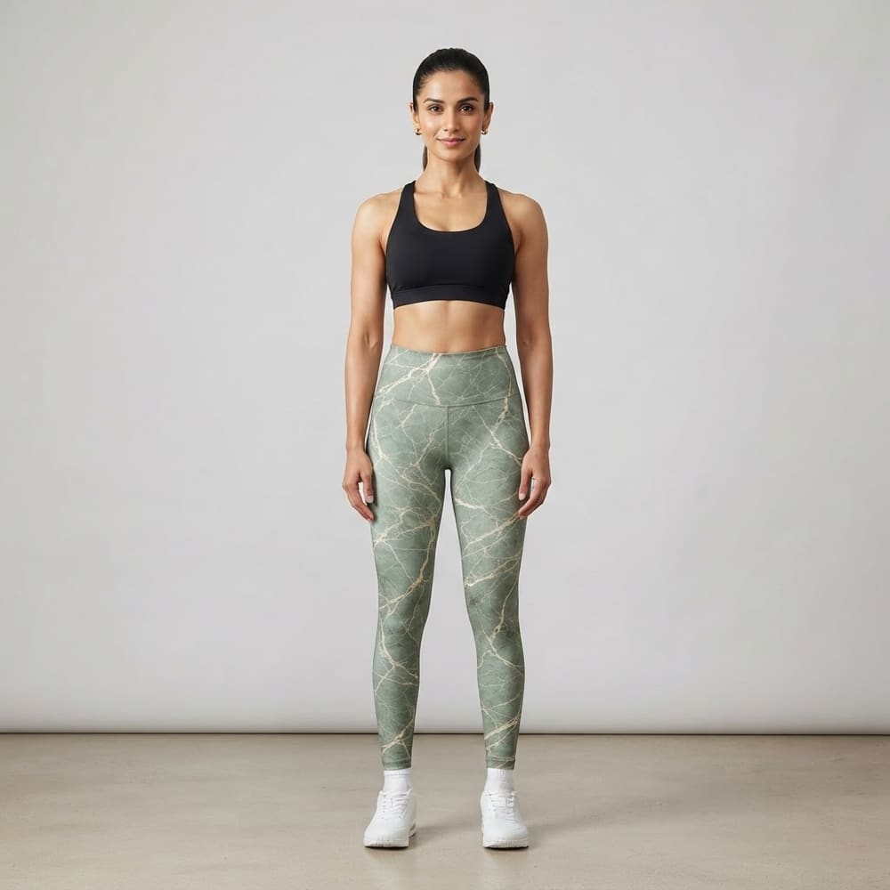 Indian woman wearing META NEST ACTIVEWEAR Marble Print Leggings in Marble Sage