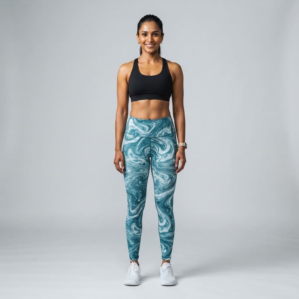 Indian woman wearing META NEST ACTIVEWEAR Marbled Swirl Leggings in Marble Teal