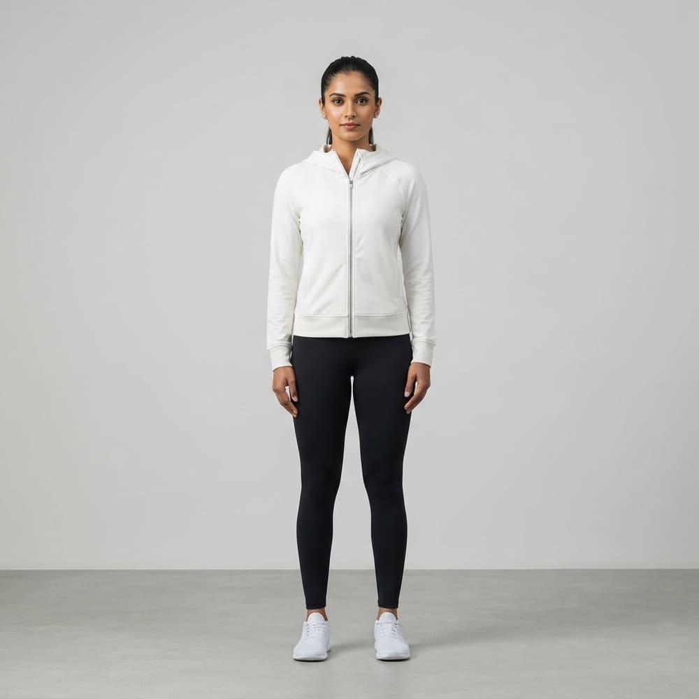 Indian woman wearing META NEST ACTIVEWEAR Mesh-Panel Hoodie Jacket in Pearl White