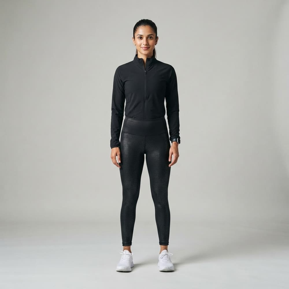 Indian woman wearing META NEST ACTIVEWEAR Nightrun Reflective-Grid Leggings in Nightrun Black