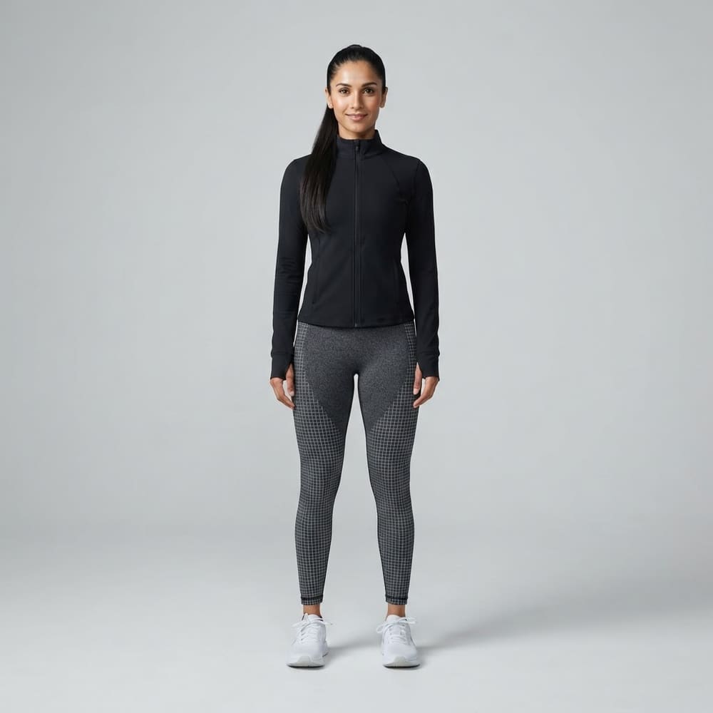 Indian woman wearing META NEST ACTIVEWEAR Nightrun Reflective-Grid Leggings in Nightrun Charcoal