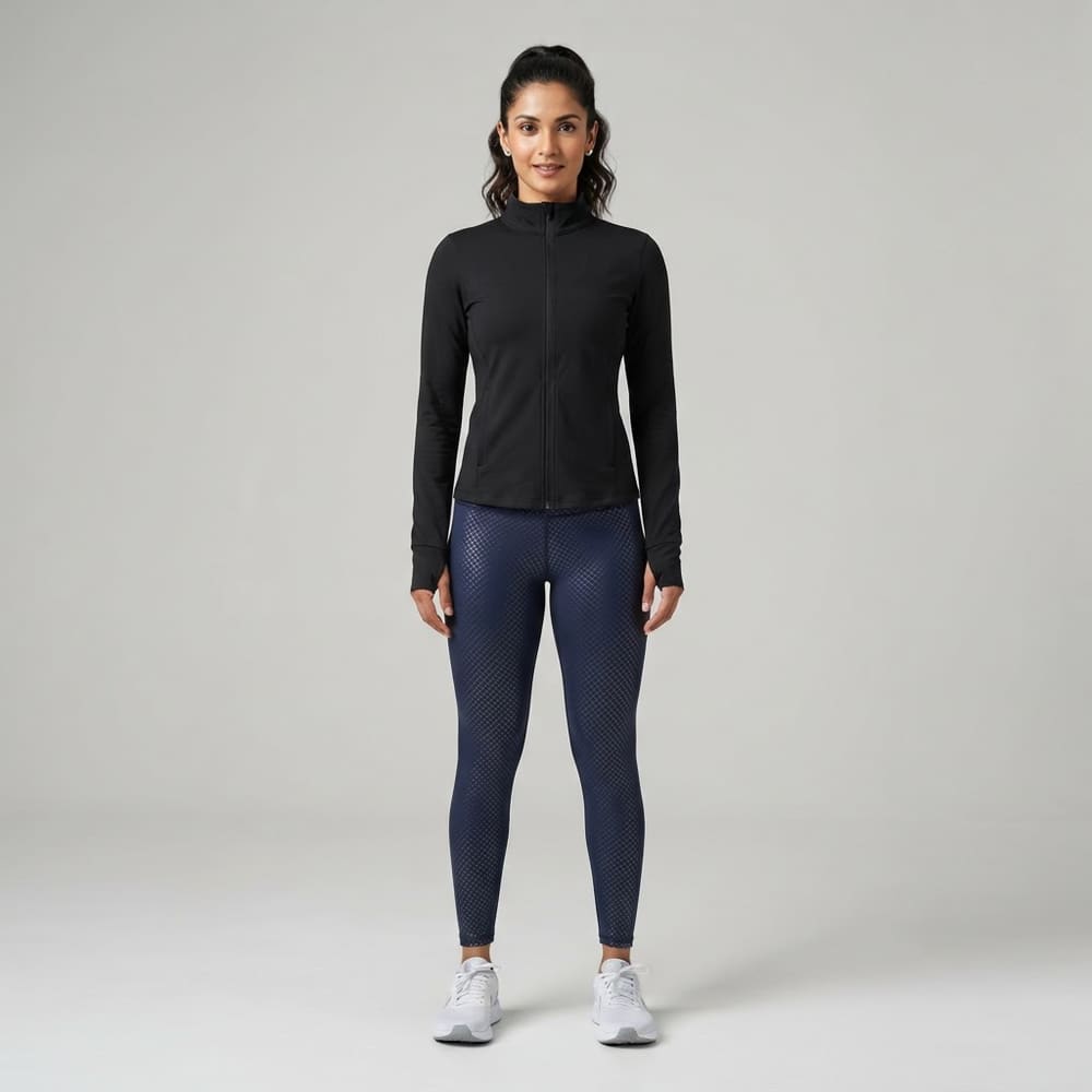 Indian woman wearing META NEST ACTIVEWEAR Nightrun Reflective-Grid Leggings in Nightrun Navy