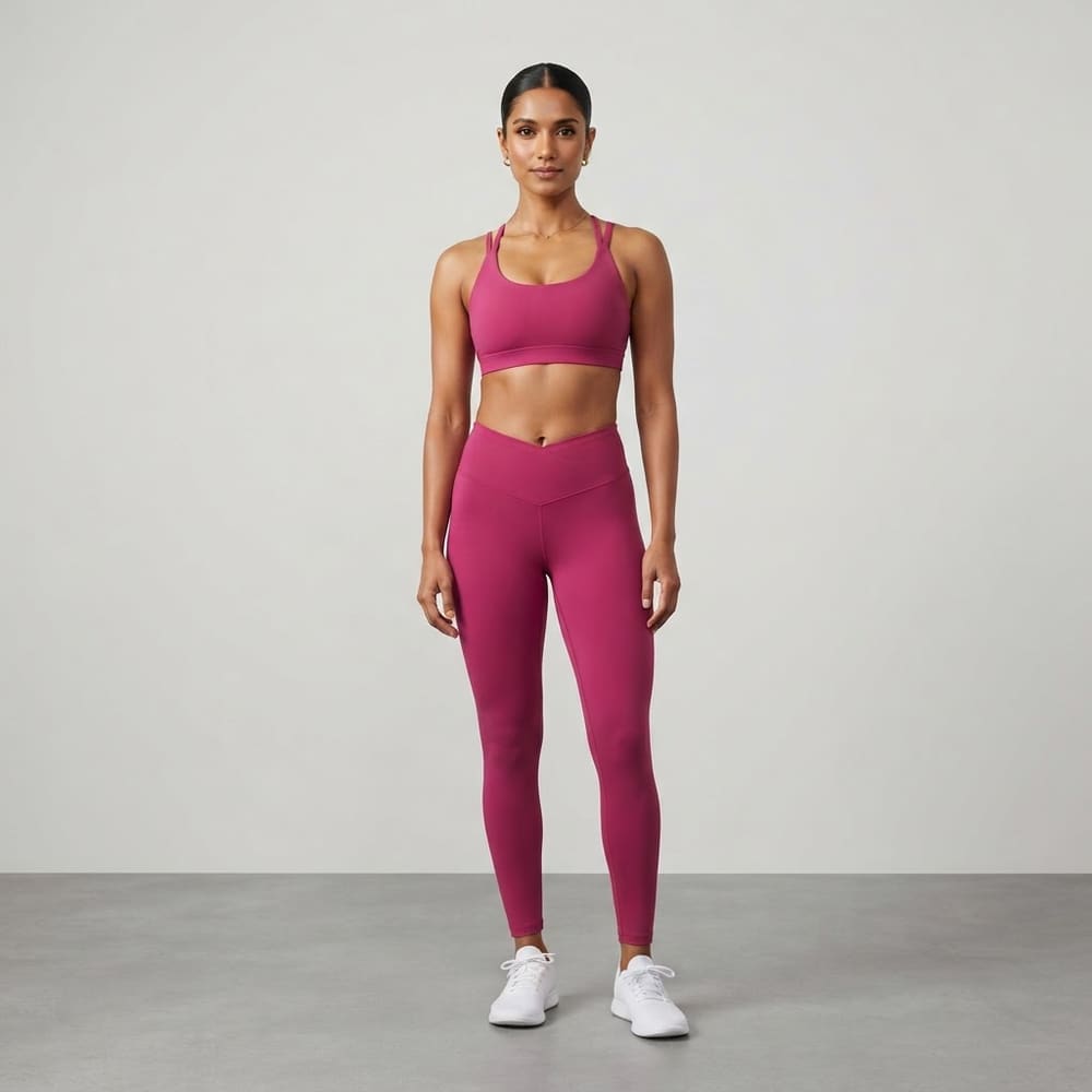 Indian woman wearing META NEST ACTIVEWEAR Odyssey Crossback Sports Bra in Magenta Pink