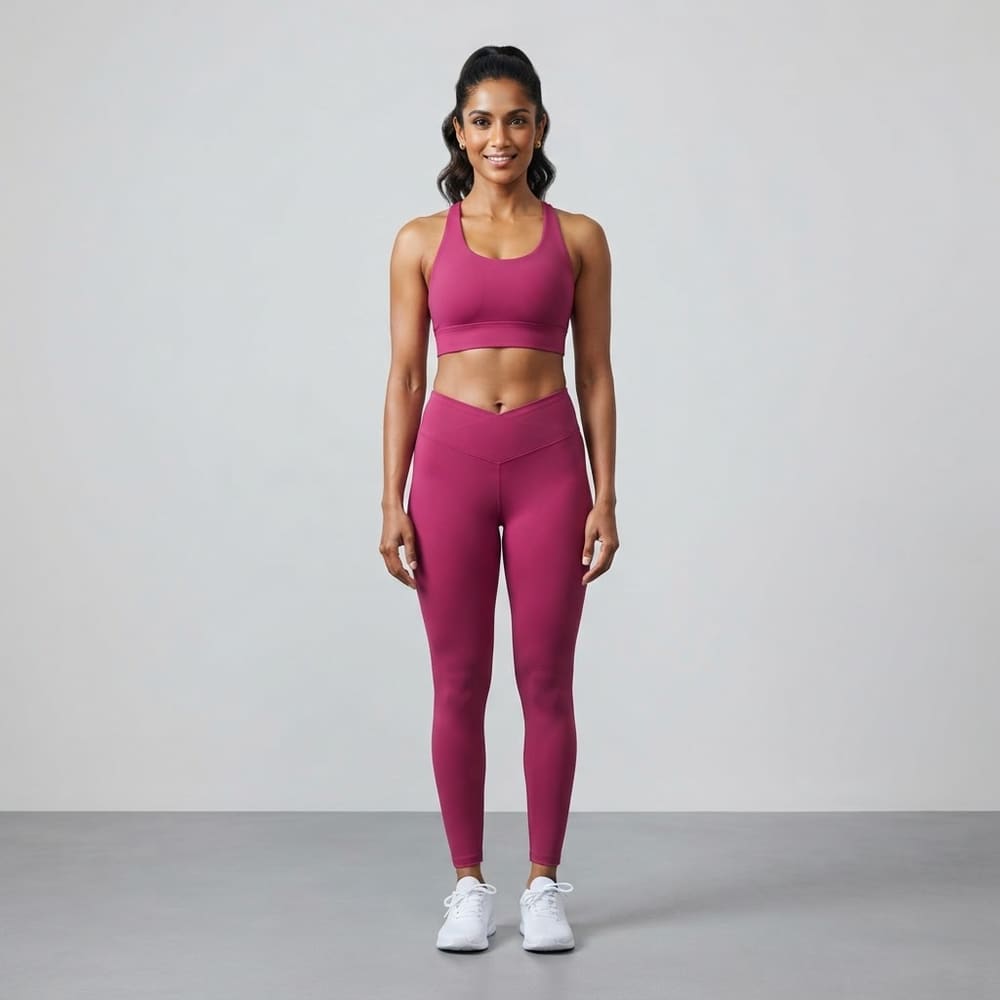 Indian woman wearing META NEST ACTIVEWEAR Odyssey V-Waist Leggings in Magenta Pink