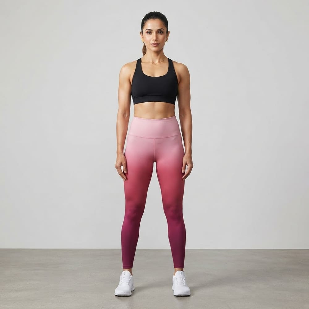 Indian woman wearing META NEST ACTIVEWEAR Ombre Fade Leggings in Ombre Berry