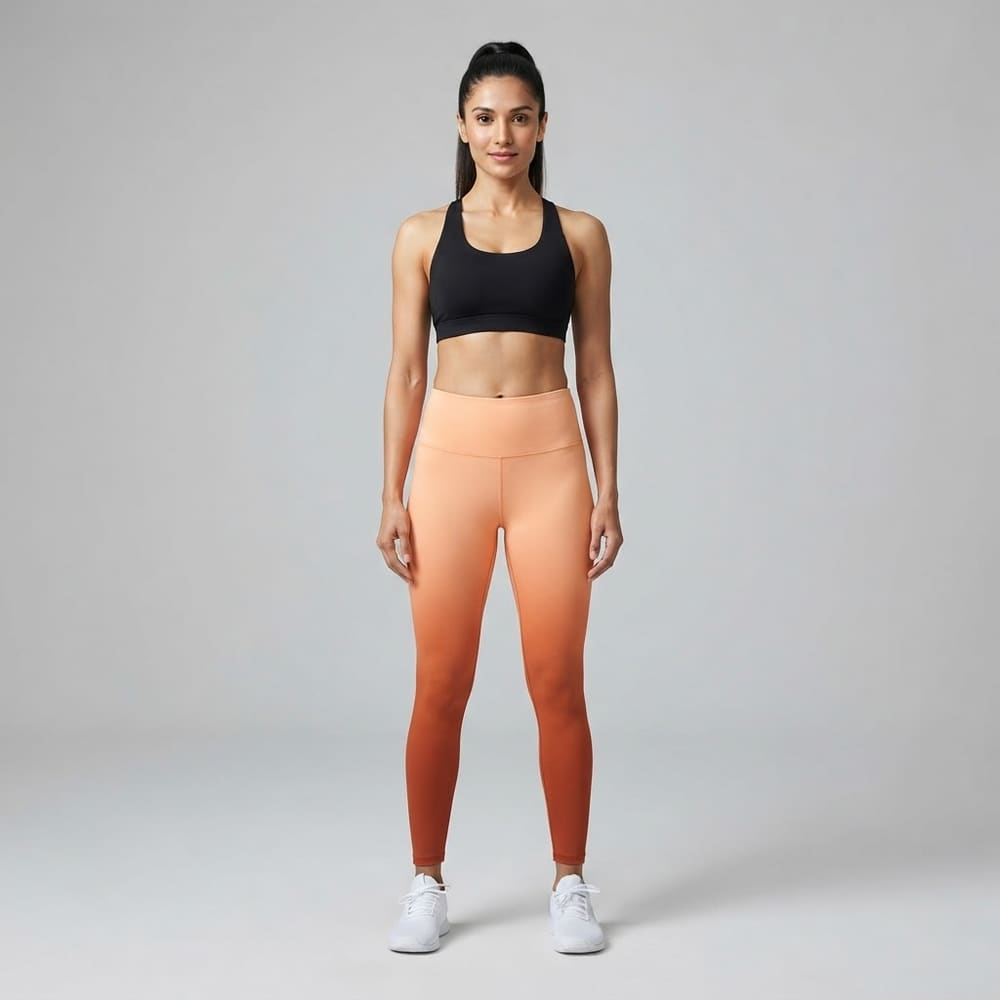 Indian woman wearing META NEST ACTIVEWEAR Ombre Fade Leggings in Ombre Sunset