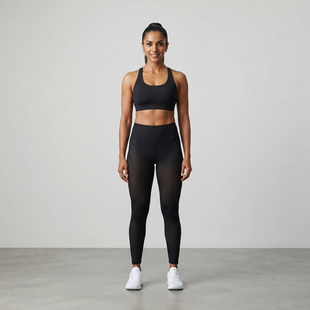 Indian woman wearing META NEST ACTIVEWEAR Pinpoint Dot-Mesh Leggings in Dot Black
