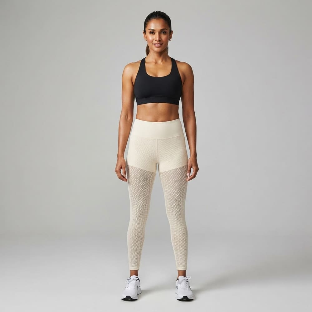 Indian woman wearing META NEST ACTIVEWEAR Pinpoint Dot-Mesh Leggings in Dot Cream