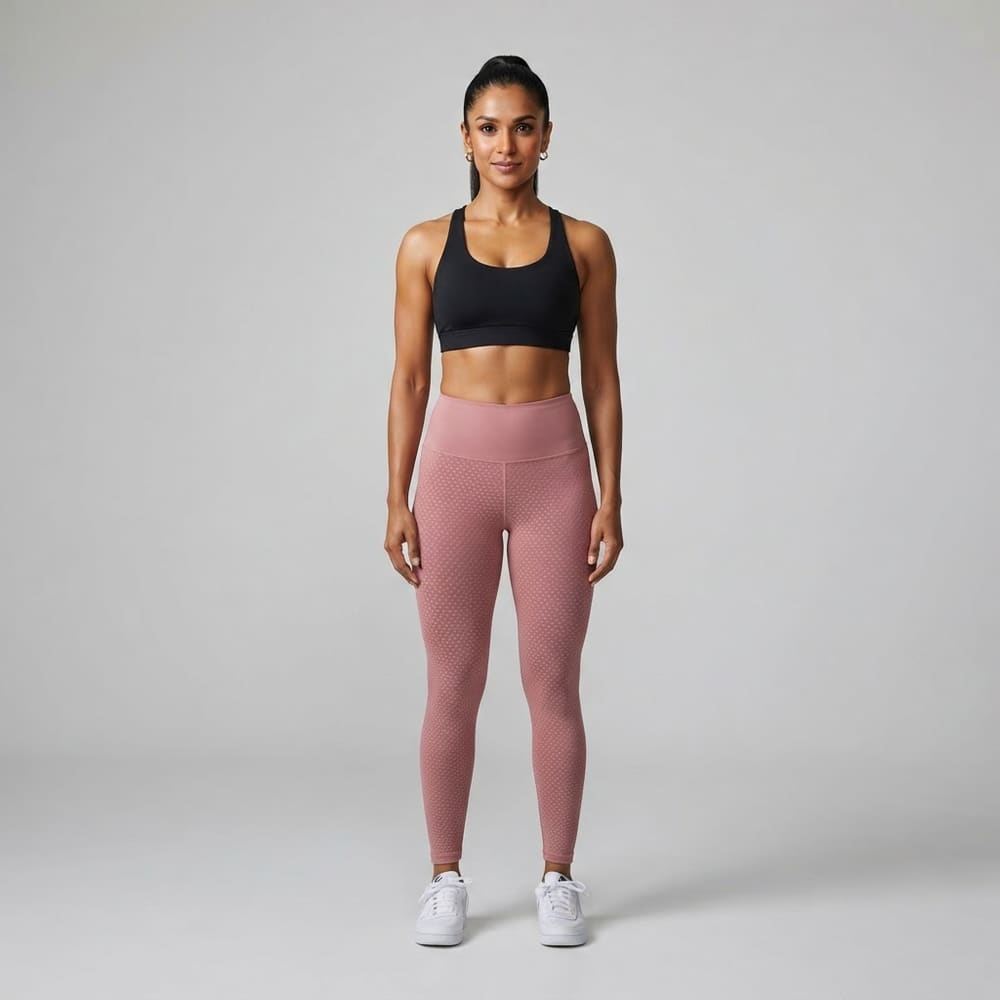 Indian woman wearing META NEST ACTIVEWEAR Pinpoint Dot-Mesh Leggings in Dot Rose