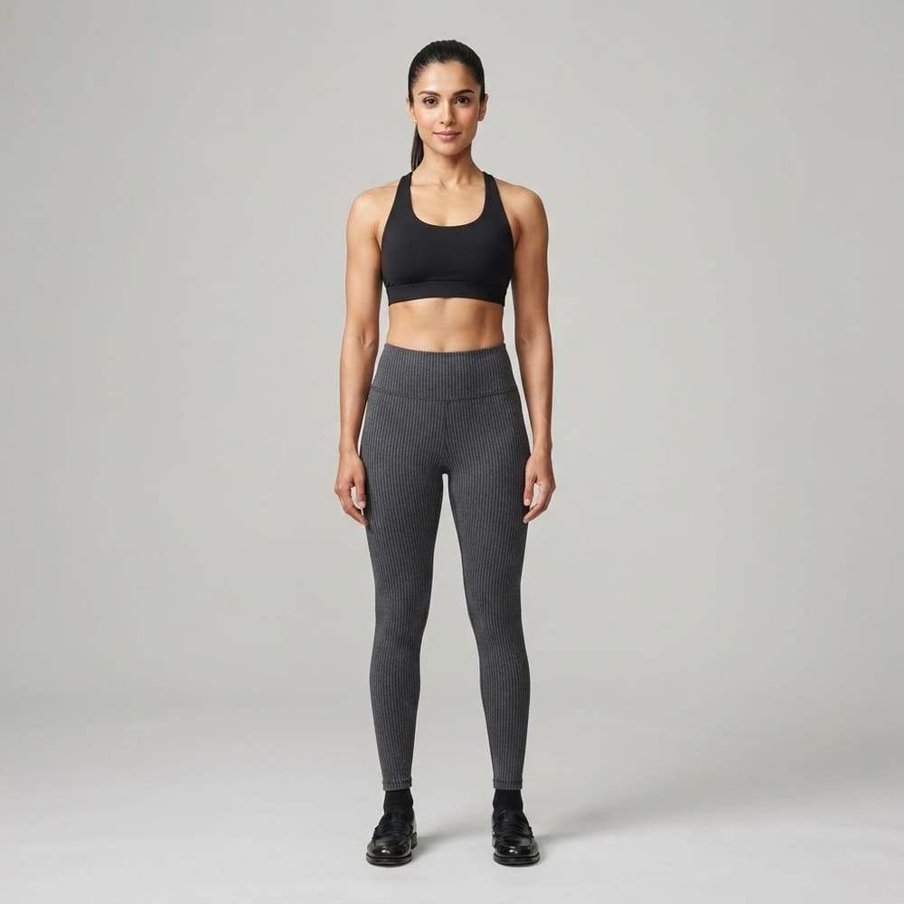 Indian woman wearing META NEST ACTIVEWEAR Pinstripe Leggings in Pinstripe Charcoal