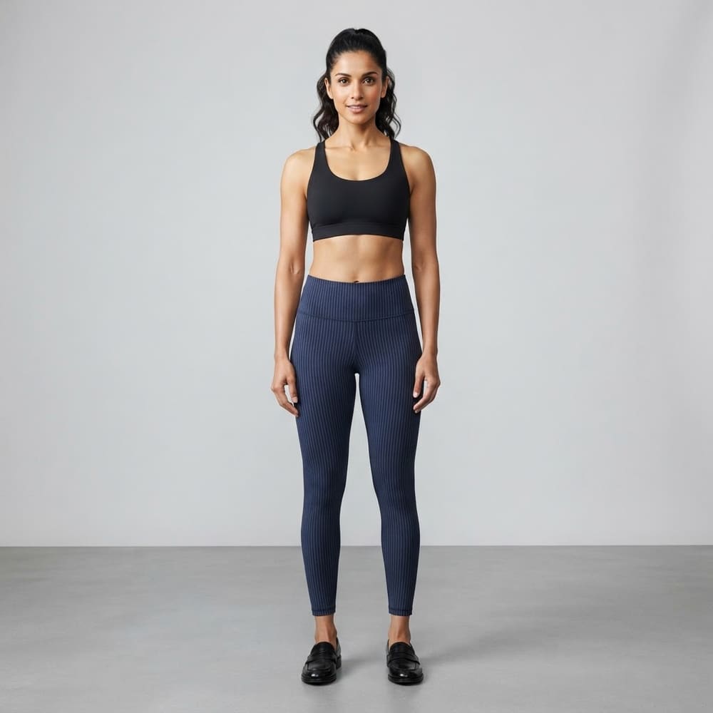 Indian woman wearing META NEST ACTIVEWEAR Pinstripe Leggings in Pinstripe Navy