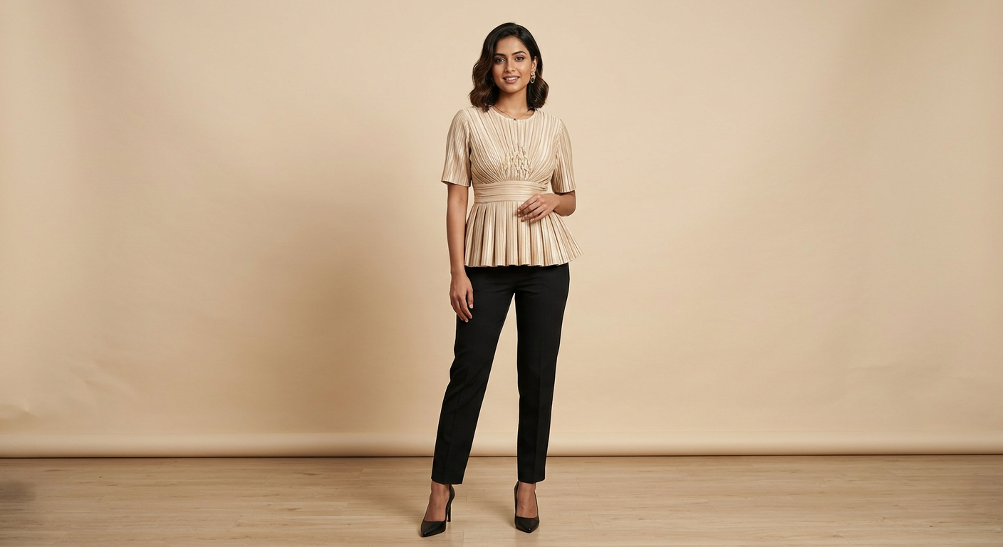 Indian woman wearing META NEST ACTIVEWEAR Pleated Peplum Top in Champagne Gold