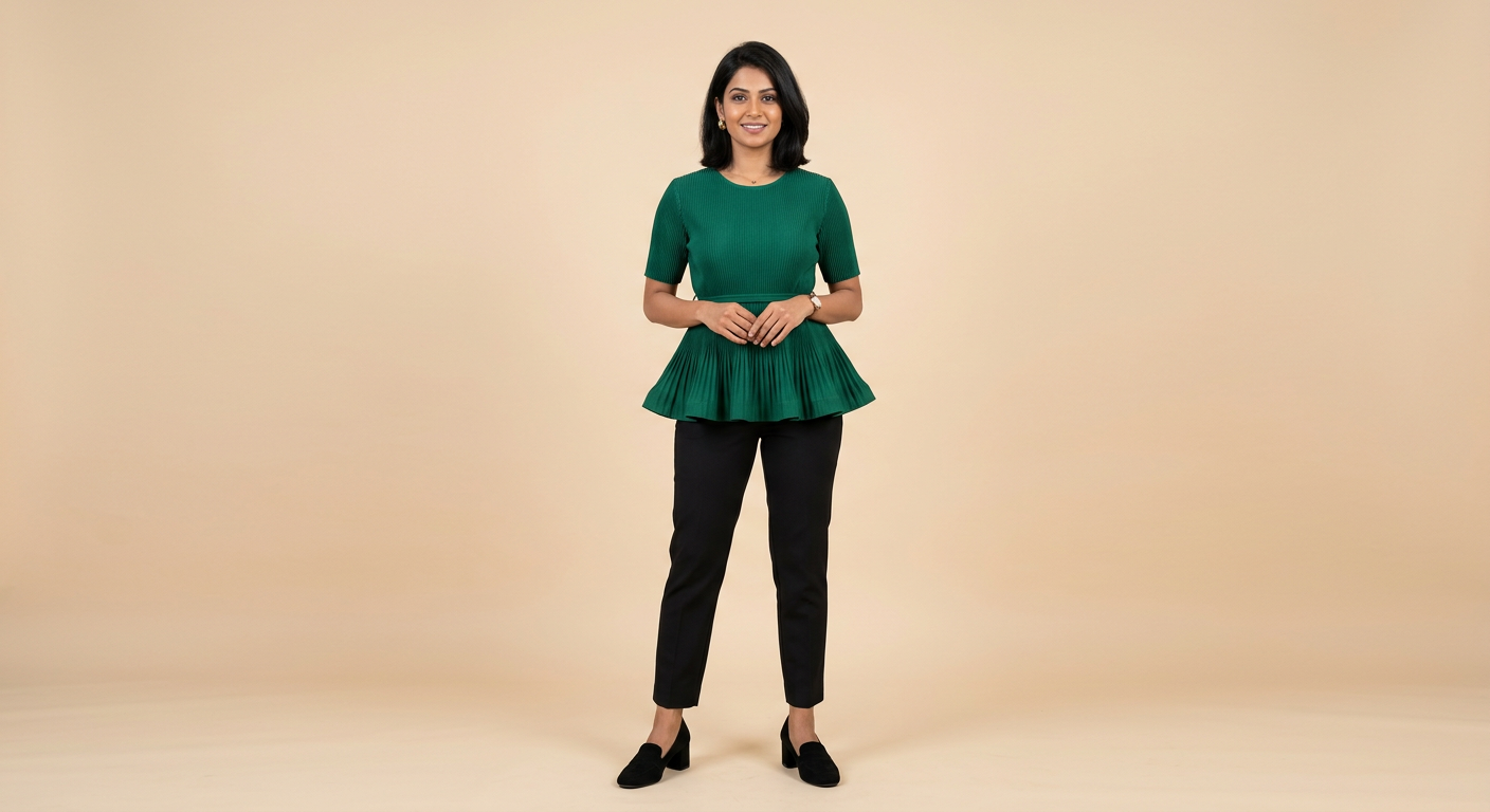 Indian woman wearing META NEST ACTIVEWEAR Pleated Peplum Top in Emerald Green