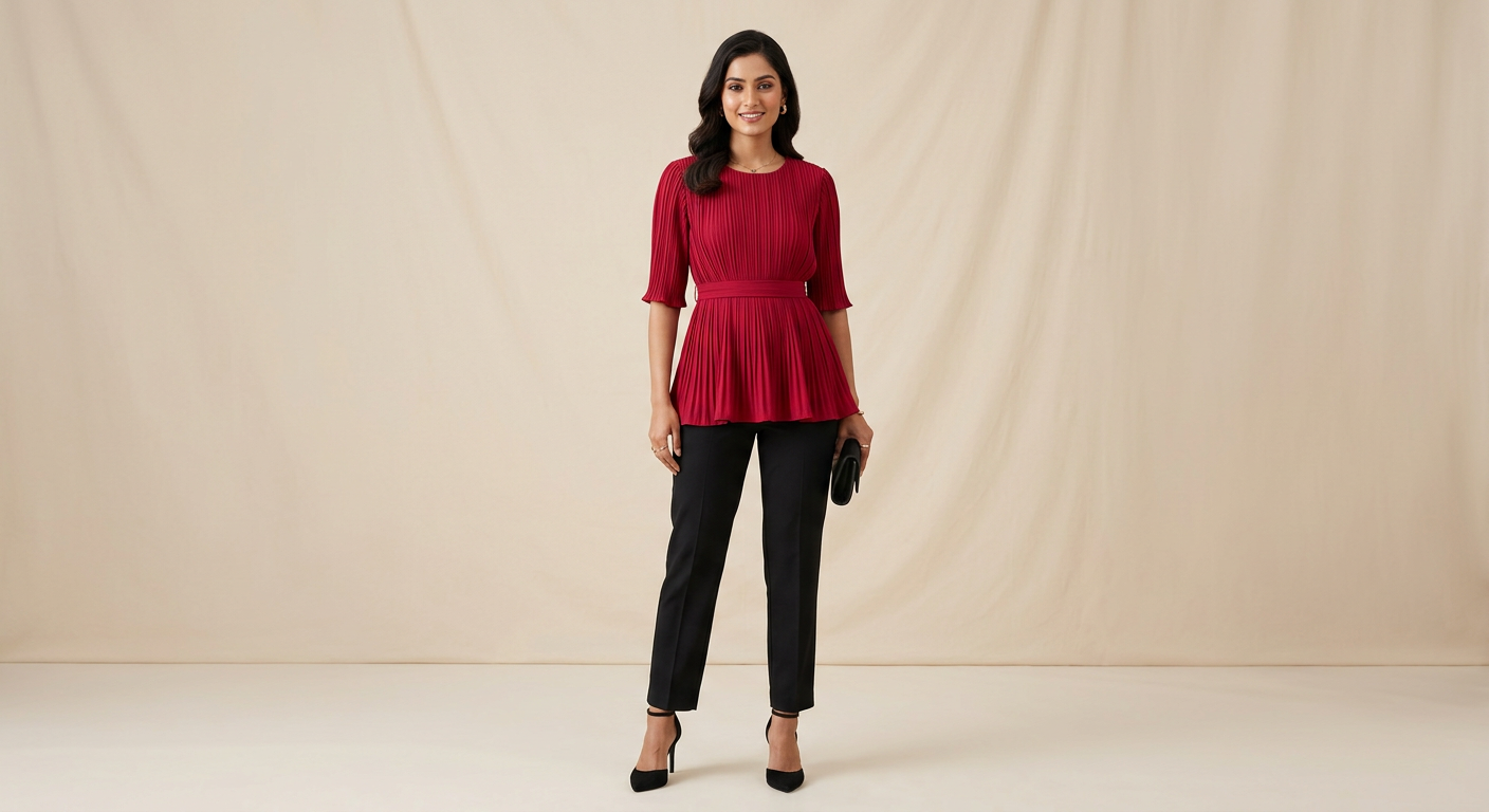 Indian woman wearing META NEST ACTIVEWEAR Pleated Peplum Top in Ruby Red