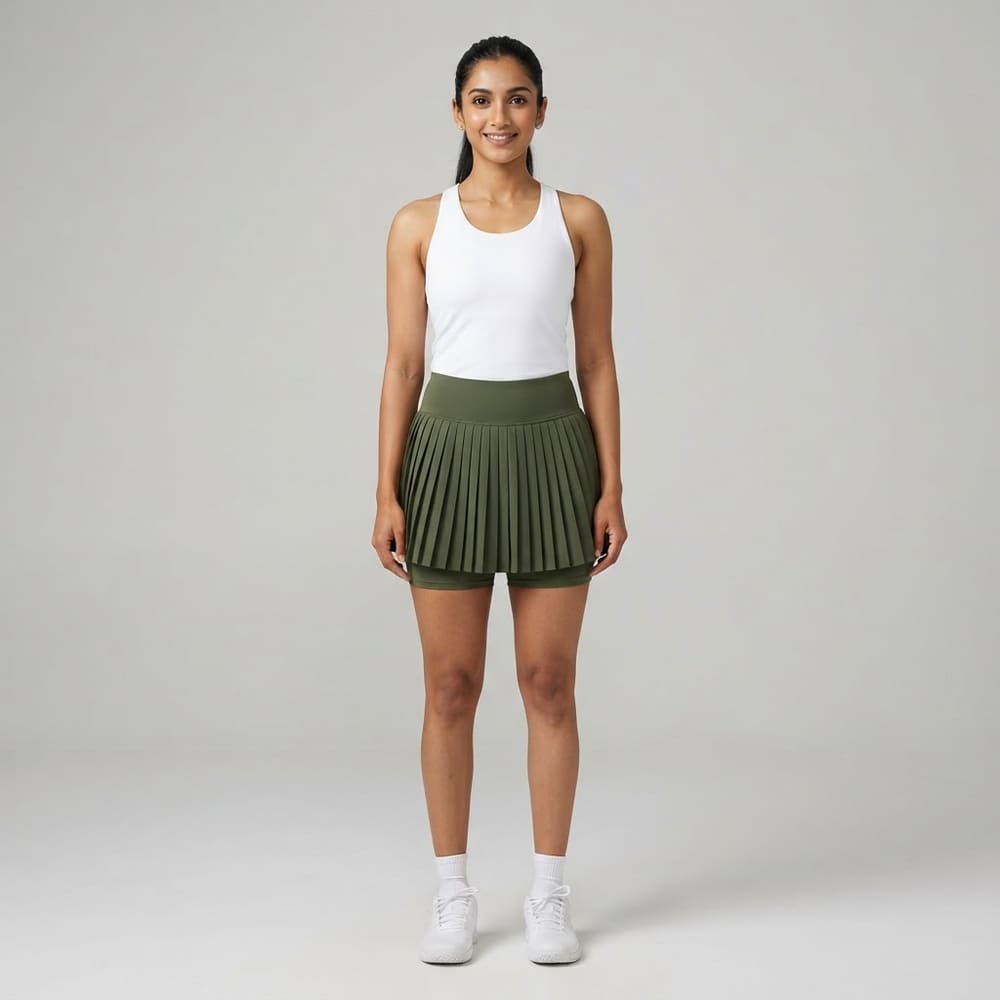 Indian woman wearing META NEST ACTIVEWEAR Pleated Tennis Skort in Forest Olive