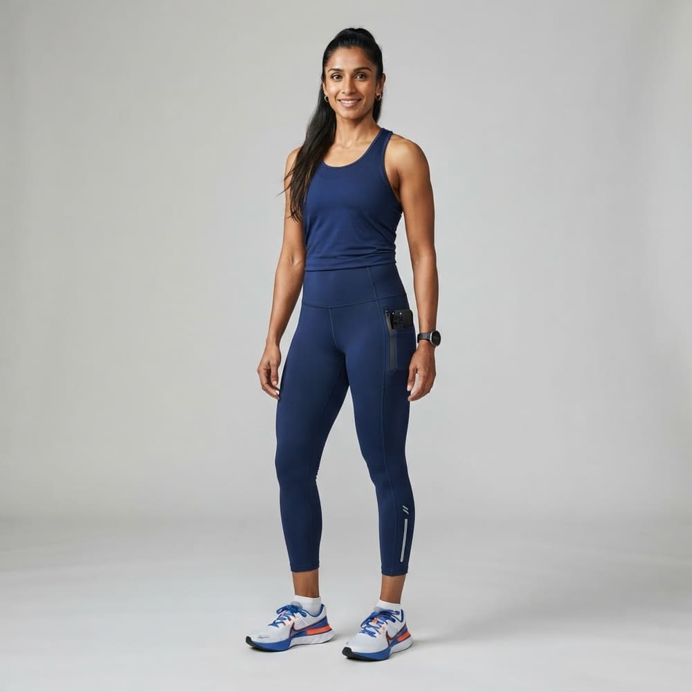 Indian woman wearing META NEST ACTIVEWEAR Power Pocket 7/8 Leggings in Deep Navy