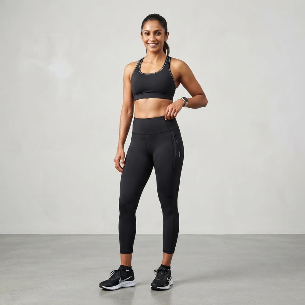 Indian woman wearing META NEST ACTIVEWEAR Power Pocket 7/8 Leggings in Noir Black
