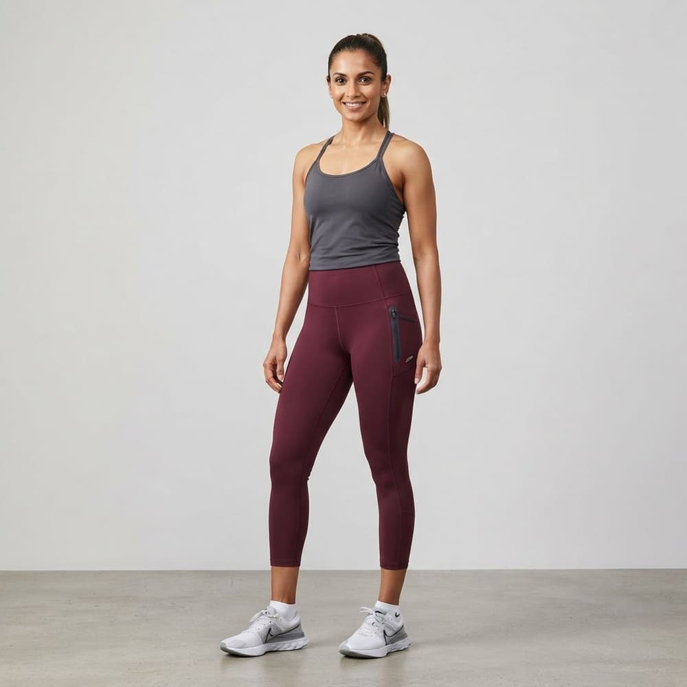 Indian woman wearing META NEST ACTIVEWEAR Power Pocket 7/8 Leggings in Wine Burgundy