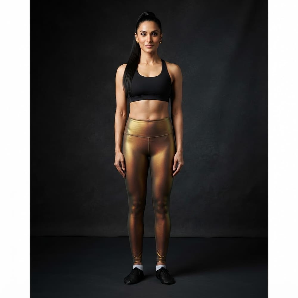 Indian woman wearing META NEST ACTIVEWEAR Prism Iridescent Leggings in Prism Gold