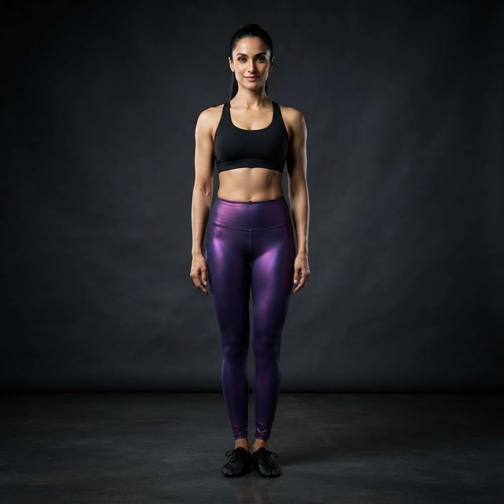 Indian woman wearing META NEST ACTIVEWEAR Prism Iridescent Leggings in Prism Violet