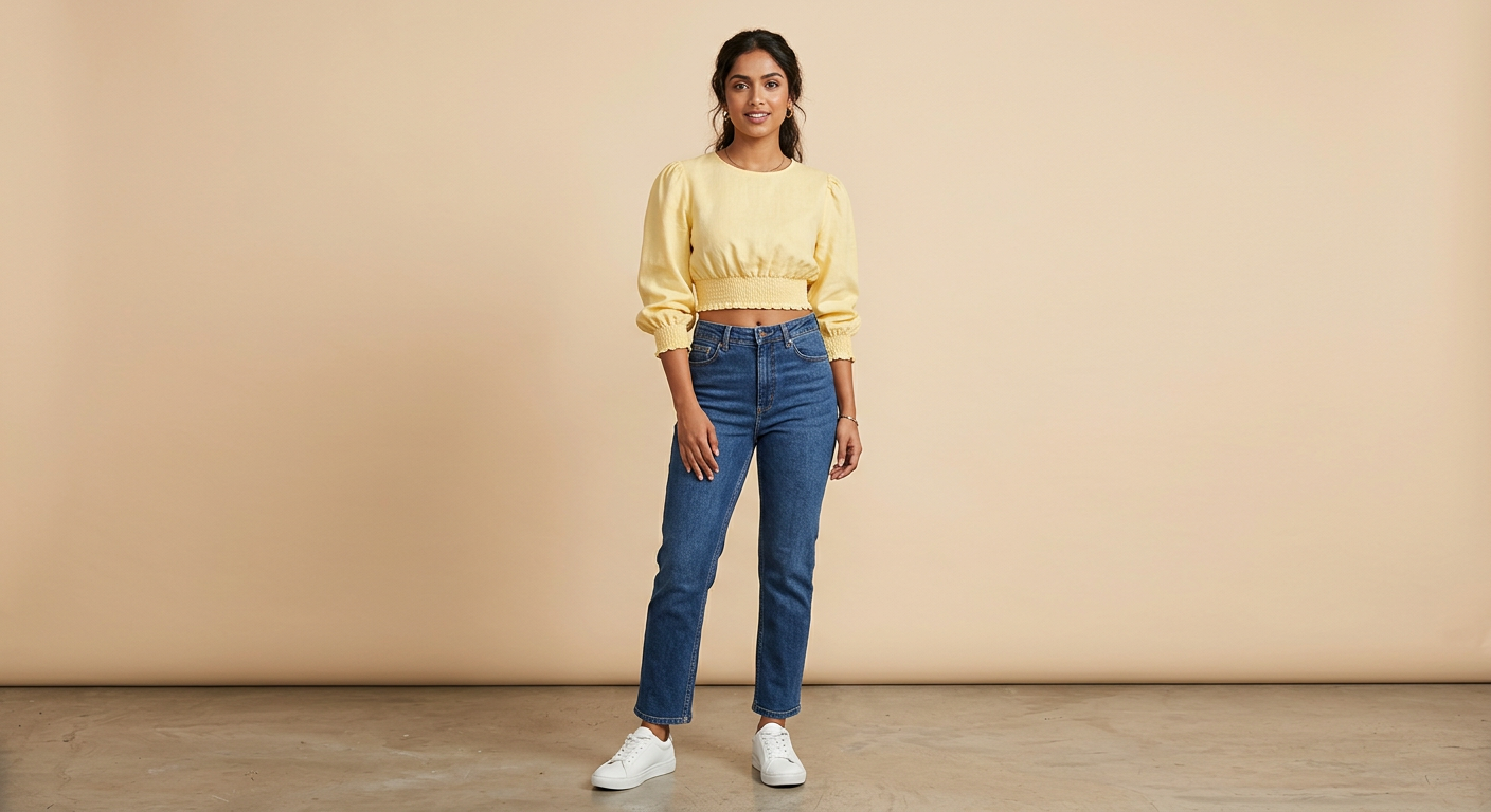 Indian woman wearing META NEST ACTIVEWEAR Puff-Sleeve Crop Blouse in Butter Yellow