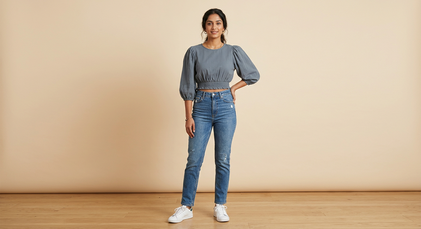 Indian woman wearing META NEST ACTIVEWEAR Puff-Sleeve Crop Blouse in Slate Blue
