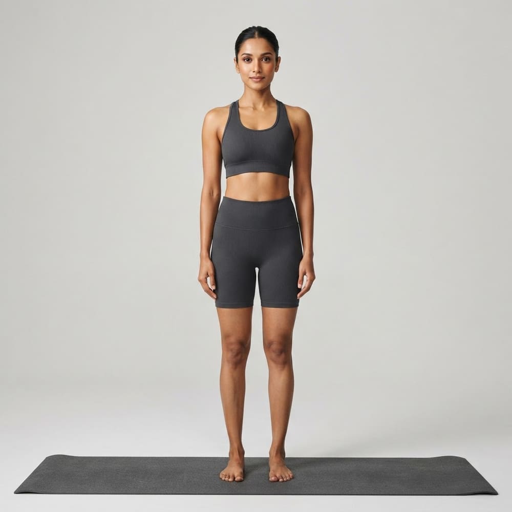 Indian woman wearing META NEST ACTIVEWEAR Pulse Ribbed Racerback Bra in Storm Charcoal